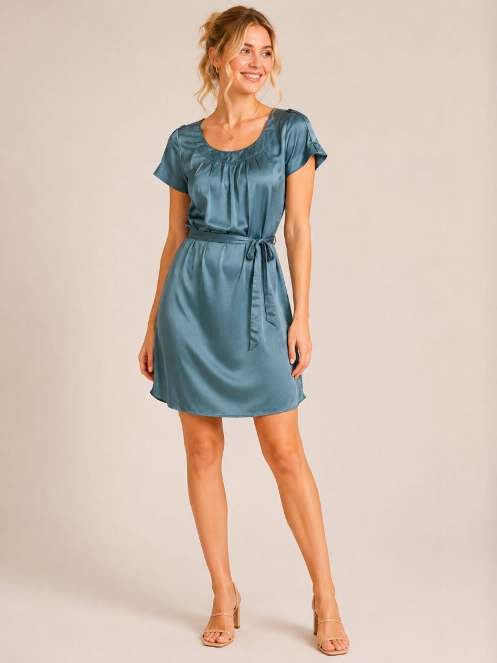 2/$30 Banana Republic Belted Satin Tunic Dress Short Sleeve Teal XS #A2889